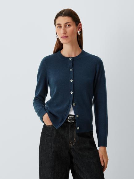 John Lewis Cashmere Crew Neck Cardigan, Navy, Navy