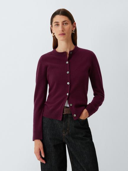 John Lewis Cashmere Crew Neck Cardigan, Berry