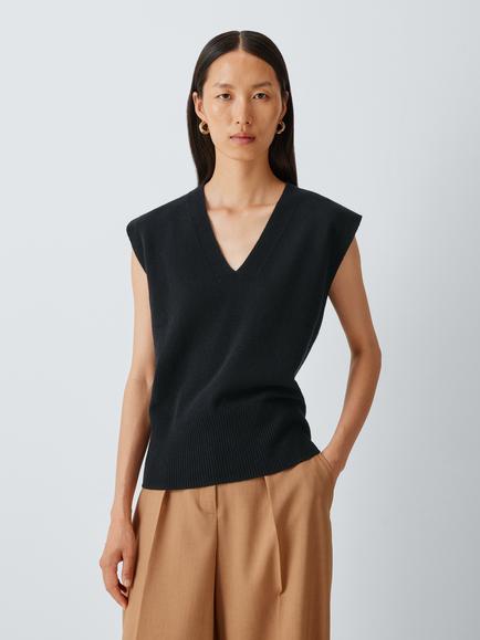 John Lewis Cashmere V-Neck Sleeveless Knit Vest, Black