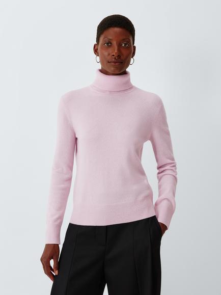 John Lewis Cashmere Roll Neck Jumper, Pale Pink