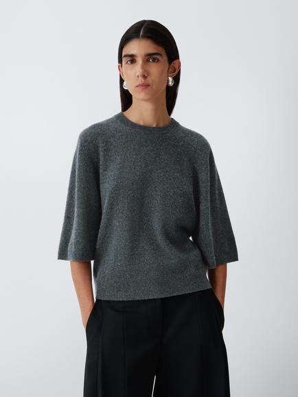 John Lewis Cashmere Half Sleeve Crew Neck Jumper, Charcoal