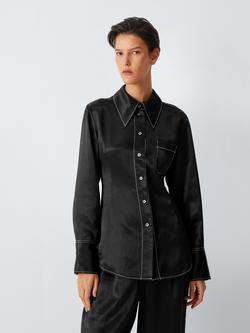 John Lewis x REJINA PYO Satin Contrast Stitch Detail Shirt, Black, Black