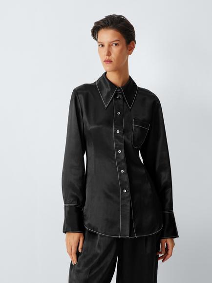 John Lewis x REJINA PYO Satin Contrast Stitch Detail Waisted Shirt, Black, Black