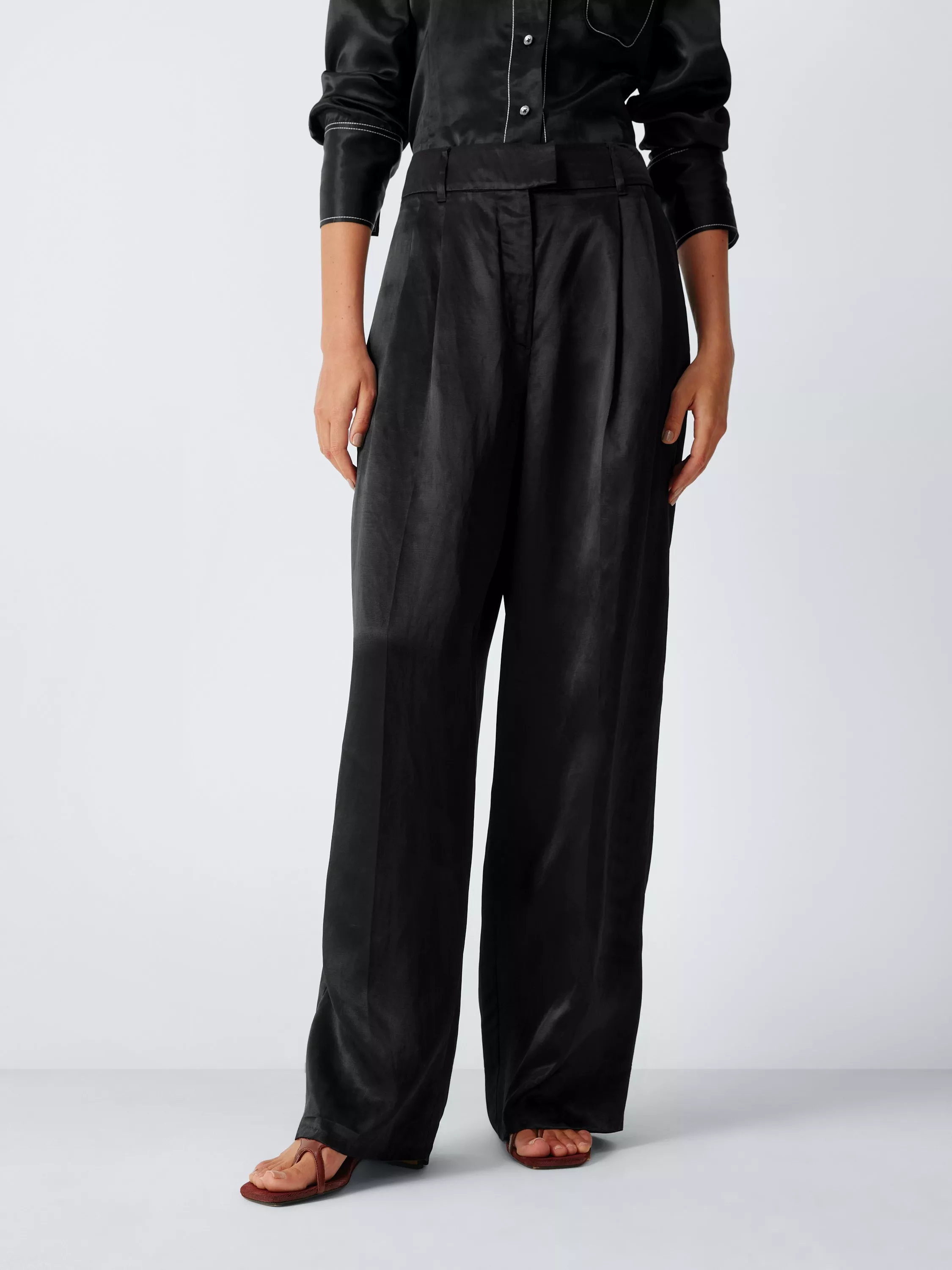 John Lewis x REJINA PYO Satin Pleat Detail Wide Leg Trousers, Black