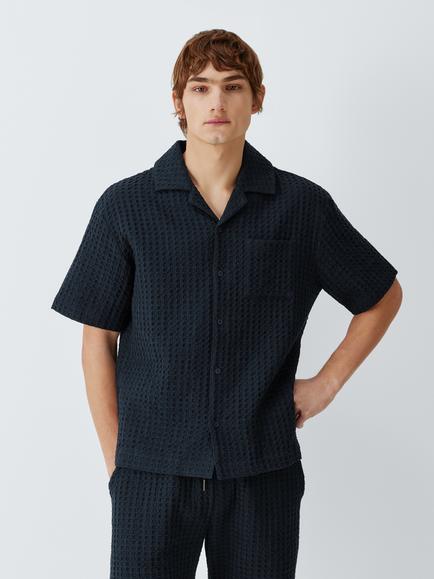 John Lewis Resort Cotton Waffle Texture Short Sleeve Shirt, Navy, Navy