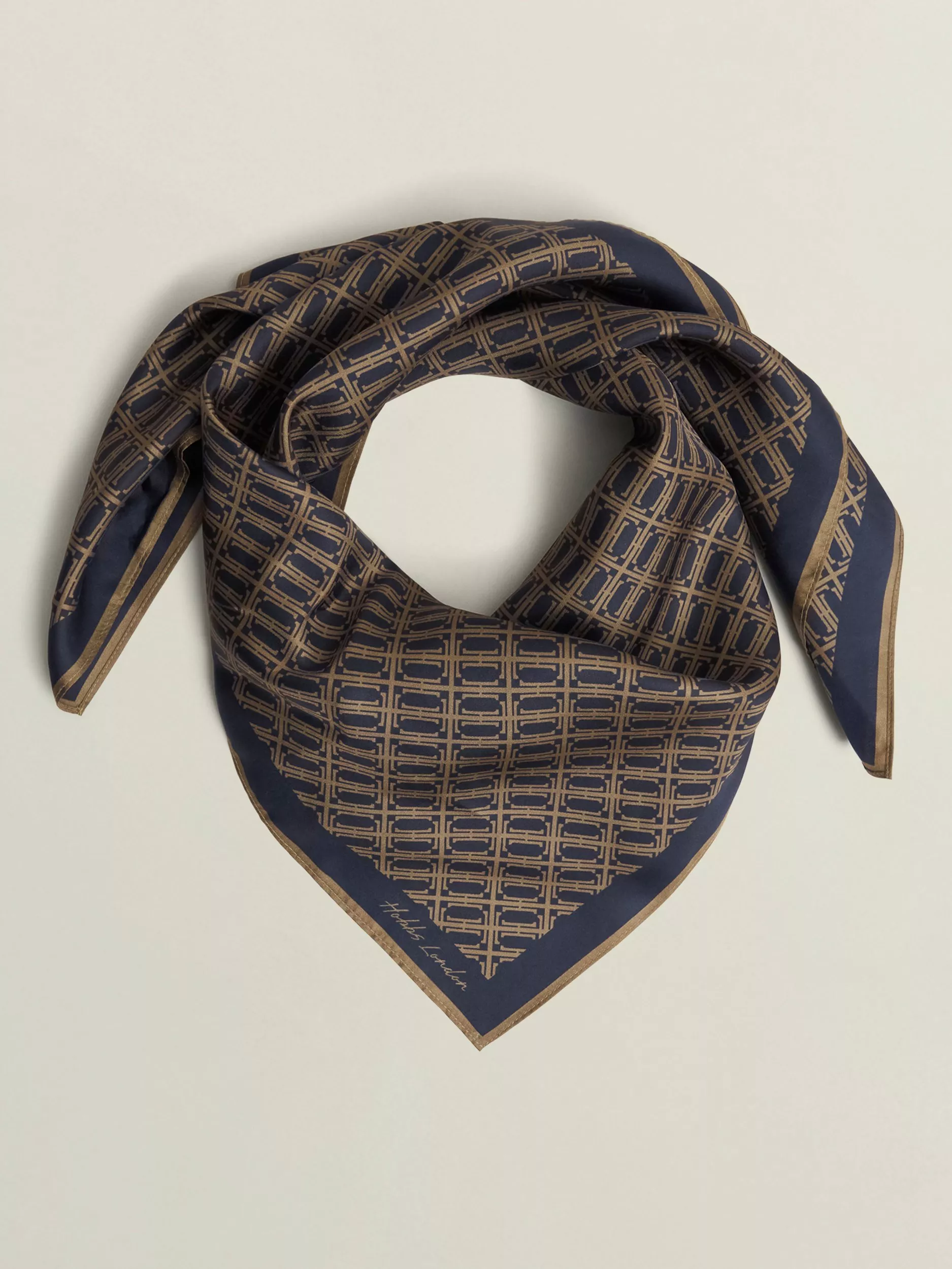 Hobbs Bria Insignia Pure Silk Scarf, Navy/Camel