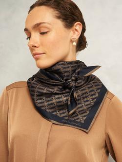Hobbs Bria Insignia Pure Silk Scarf, Navy/Camel - view 2, Navy/Camel