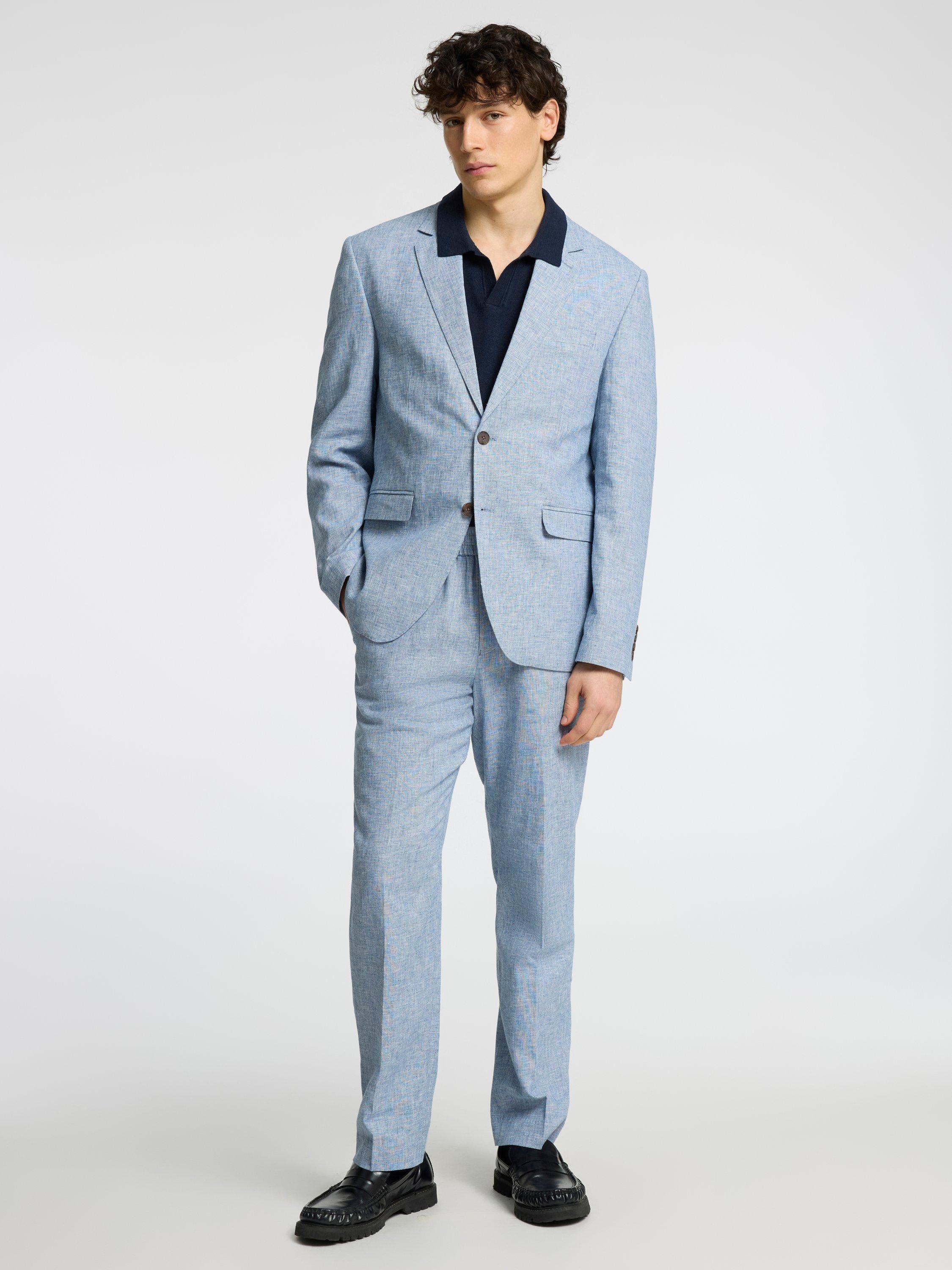 Product image 3 of 6, which shows Selected Malik Tailored Fit Linen Suit Trousers, Light Blue, 32R
