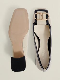 Hobbs Lexia Insignia Leather Court Shoes, Beige/Black - view 2, Beige/Black