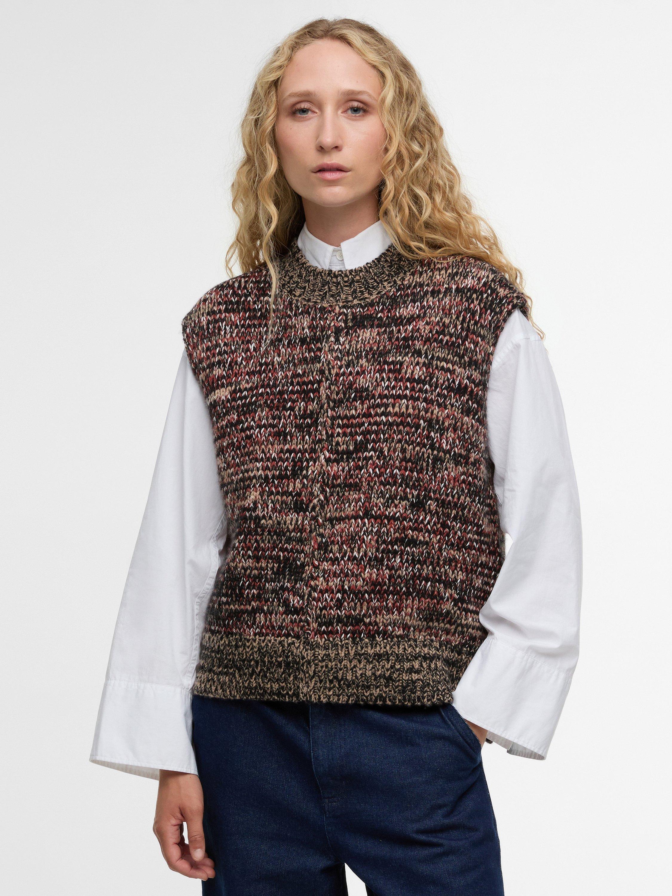 Product image 1 of 6, which shows Barbour Alara Merino Wool Blend Knitted Vest, Brown/Multi, 8