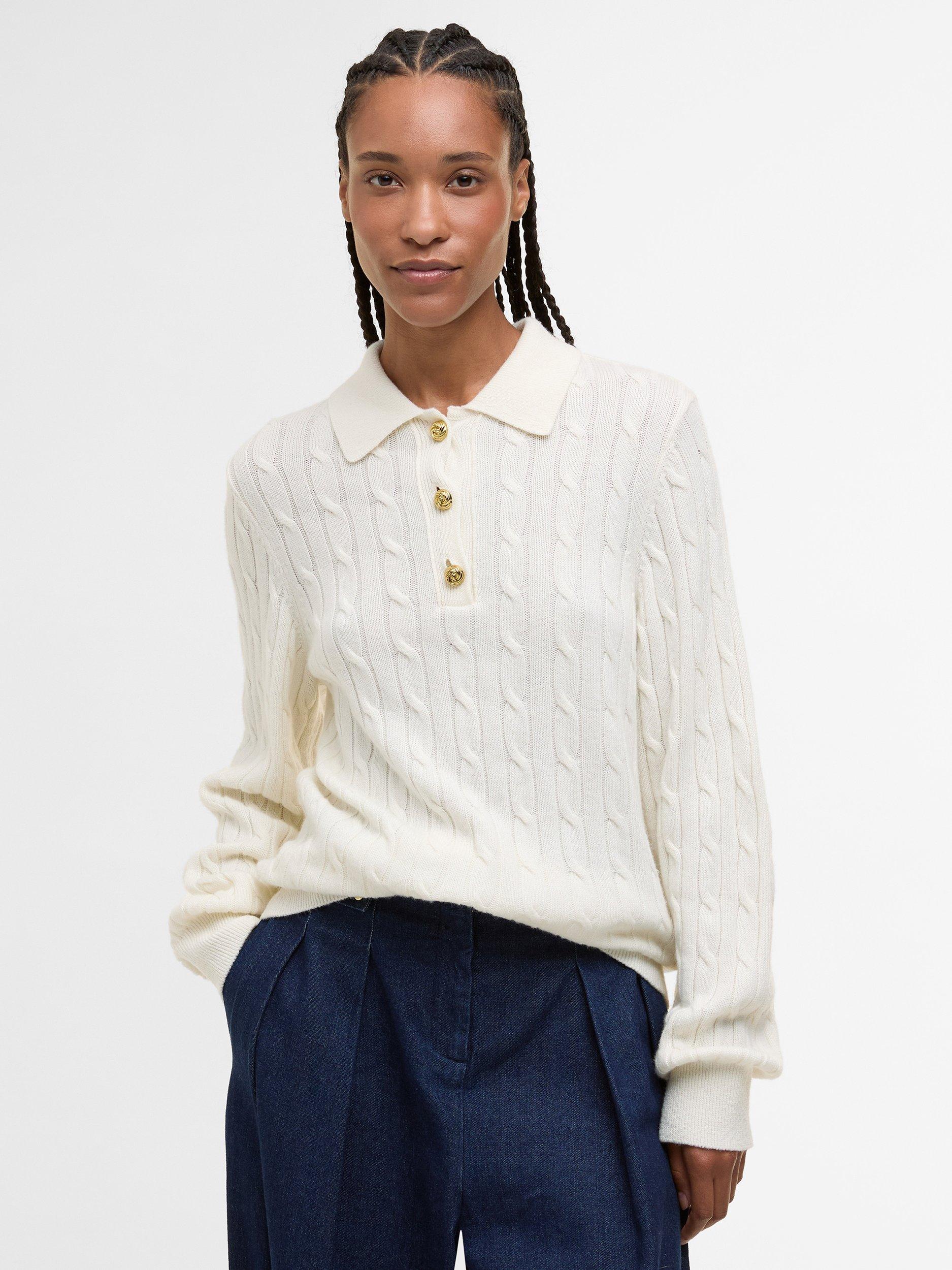 Product image 1 of 6, which shows Barbour Evie Collared Wool Blend Cable Knit Jumper, Cloud, 8