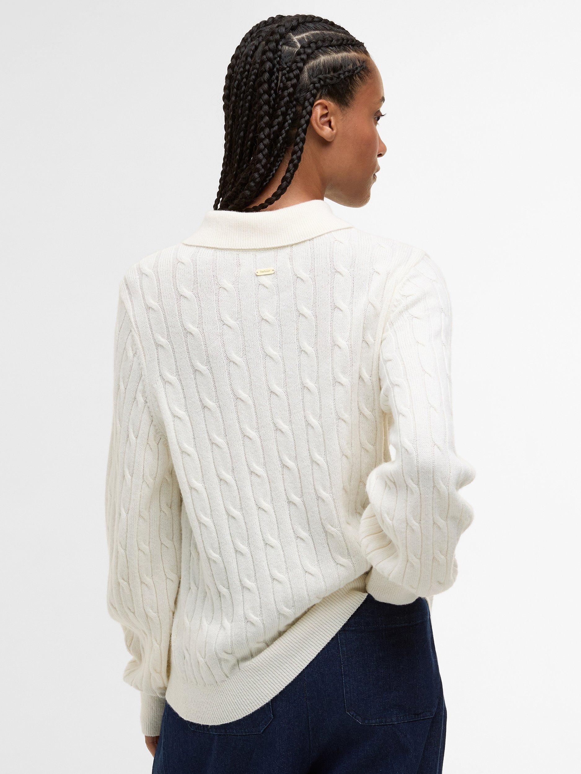 Product image 2 of 6, which shows Barbour Evie Collared Wool Blend Cable Knit Jumper, Cloud, 8