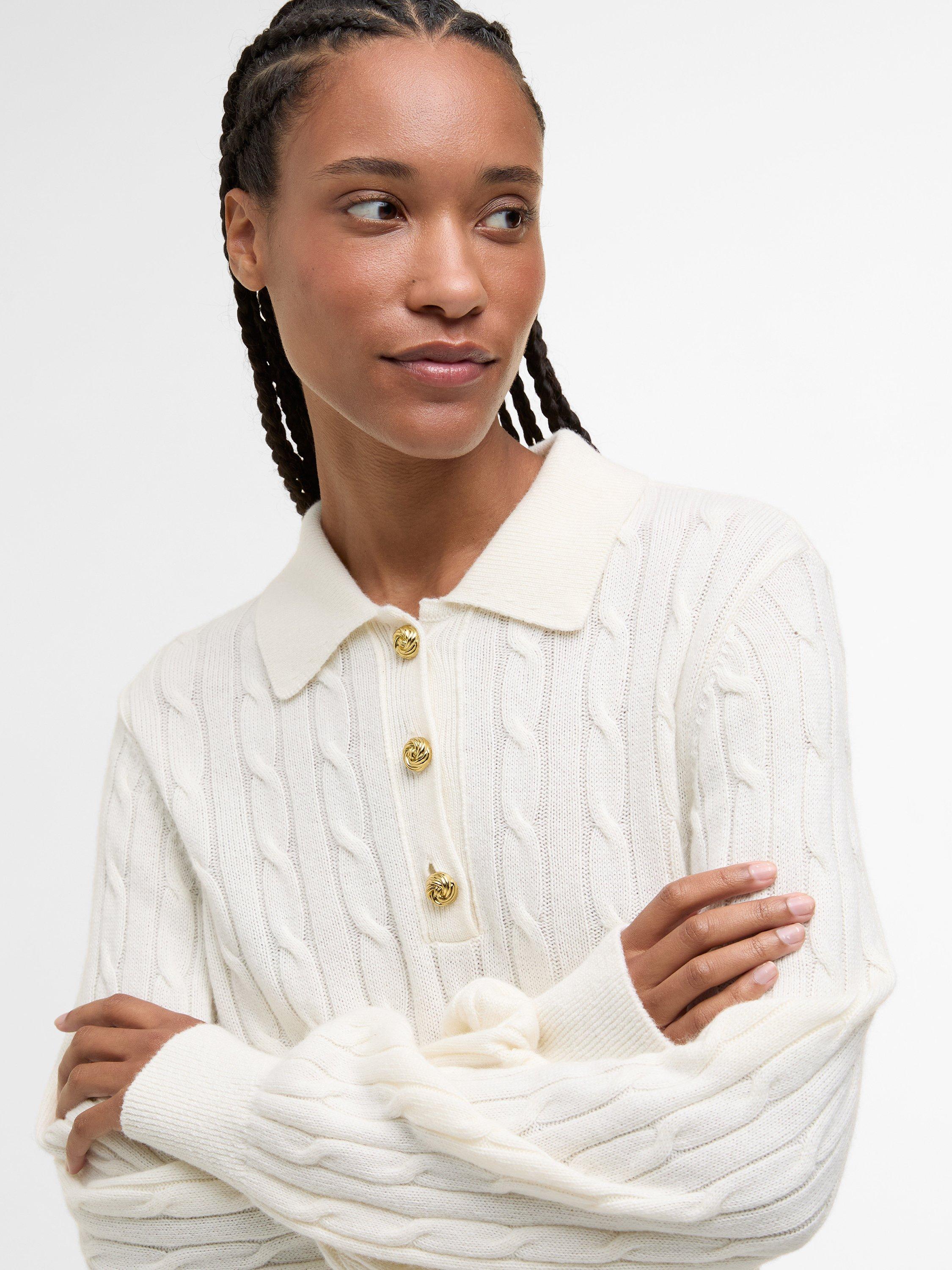 Product image 3 of 6, which shows Barbour Evie Collared Wool Blend Cable Knit Jumper, Cloud, 8