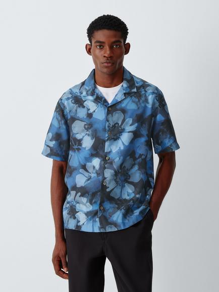 Kin Marble Flower Print Short Sleeve Shirt, Blue, Blue