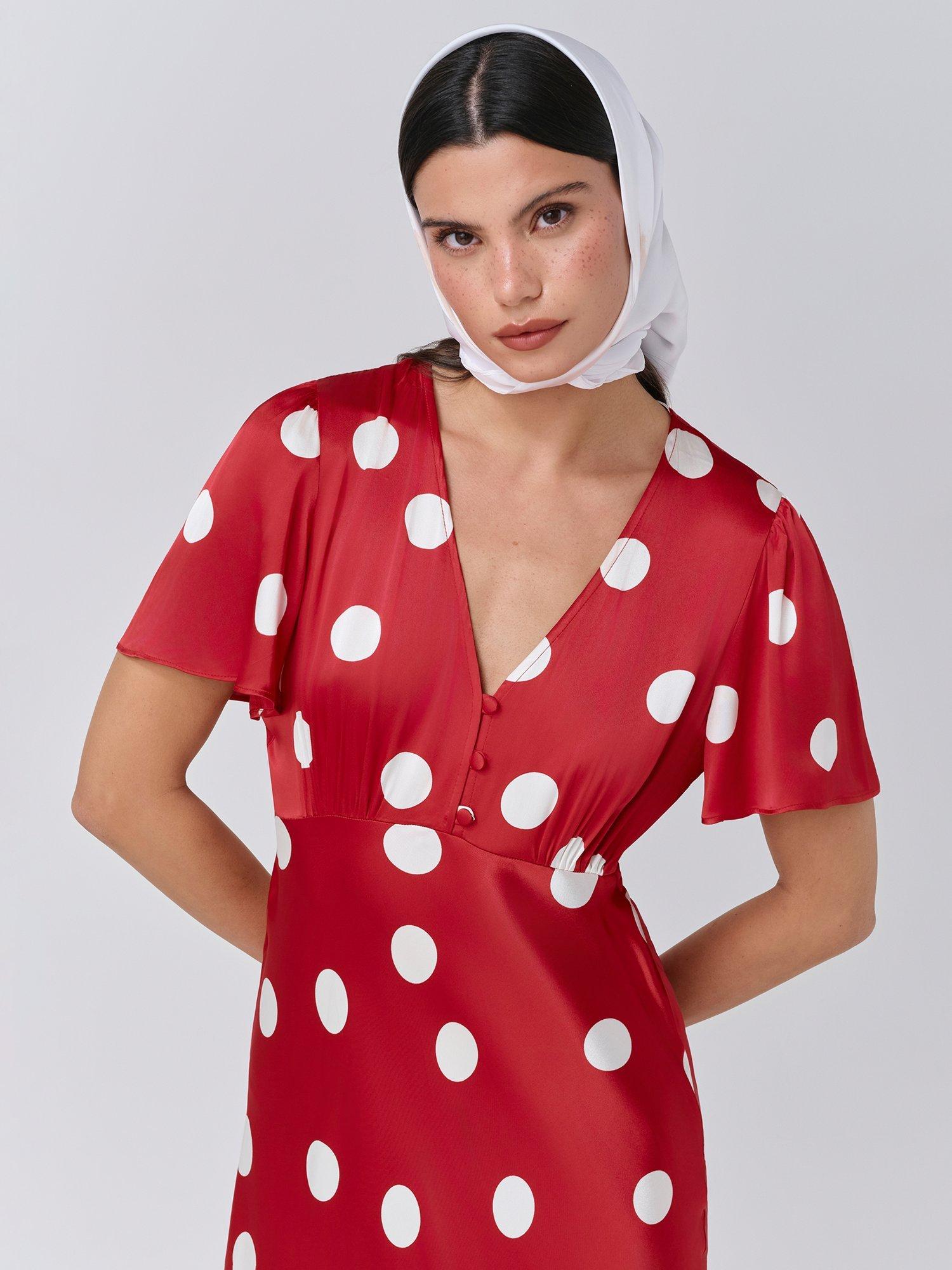 Product image 3 of 5, which shows Ghost Elizabeth Polka Dot Dress, Red Spot, XS