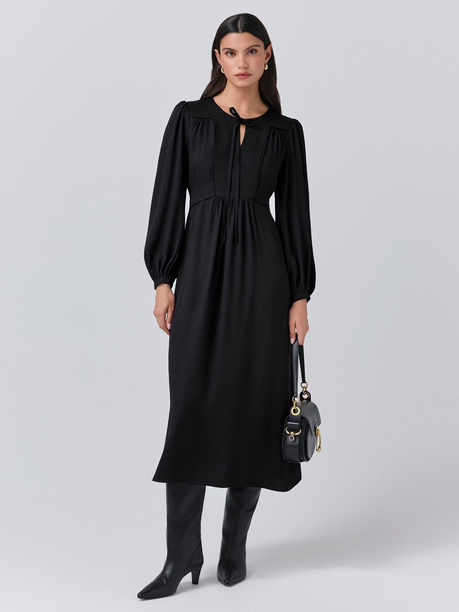 Product image 1 of 5, which shows Ghost Layla Crepe Satin Midi Dress, Black, XS