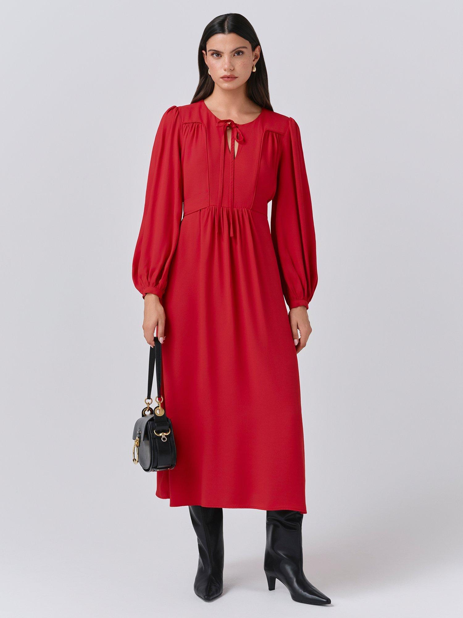 Product image 1 of 5, which shows Ghost Layla Crepe Satin Midi Dress, Red, XS
