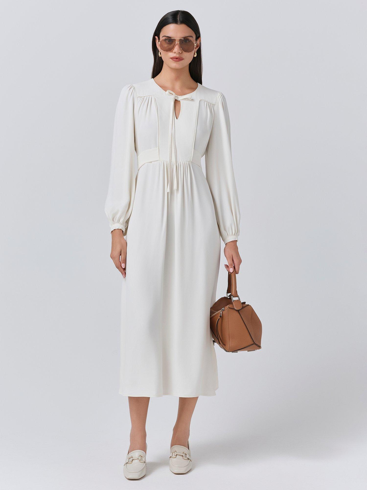 Product image 1 of 5, which shows Ghost Layla Crepe Satin Midi Dress, Ivory, XS