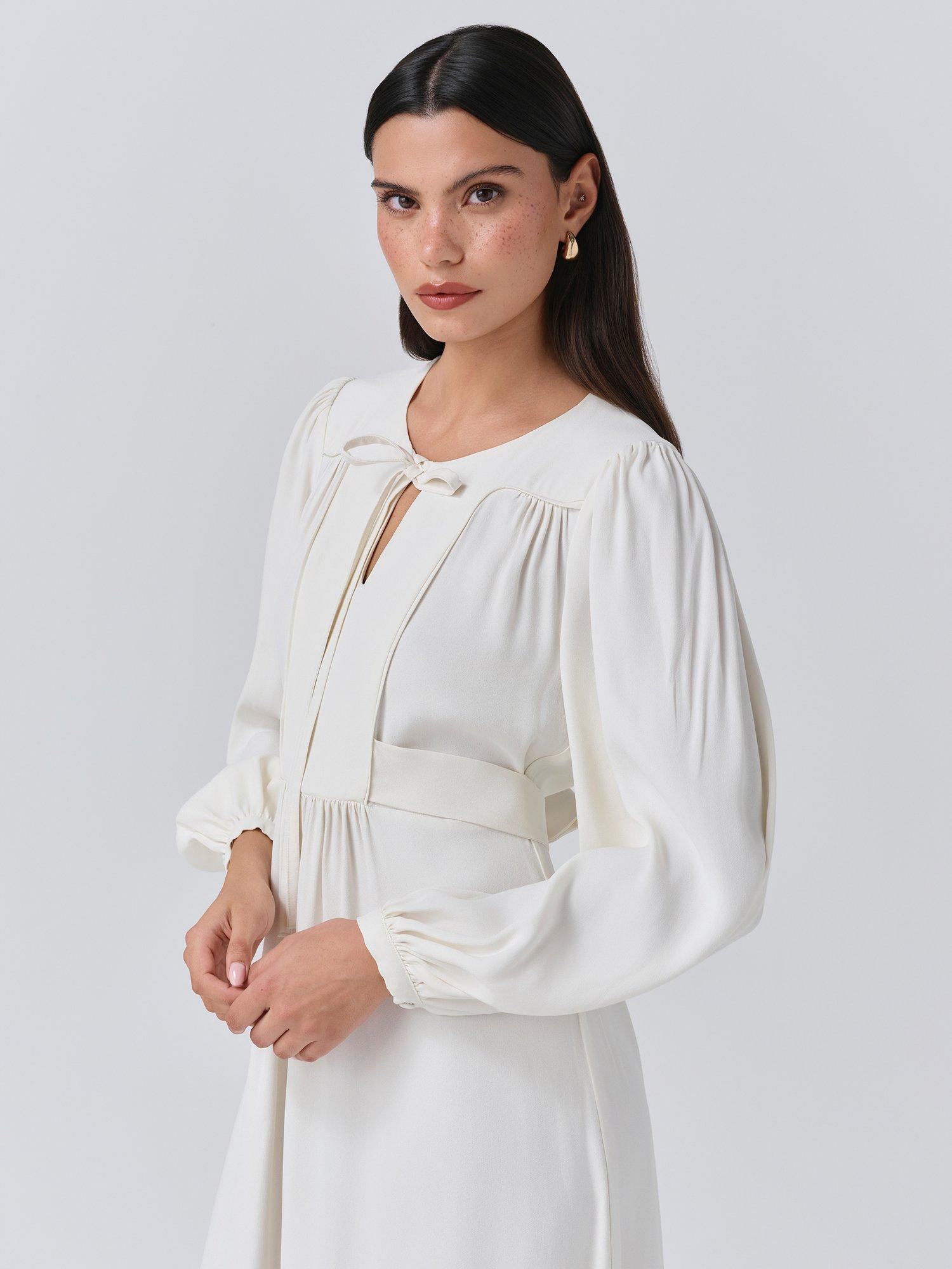 Product image 2 of 5, which shows Ghost Layla Crepe Satin Midi Dress, Ivory, XS