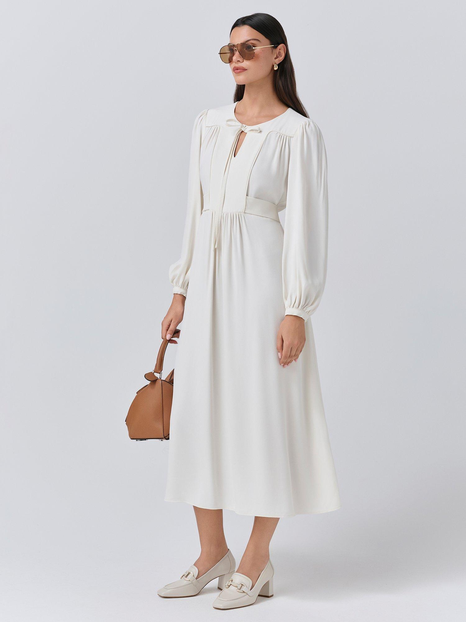Product image 3 of 5, which shows Ghost Layla Crepe Satin Midi Dress, Ivory, XS