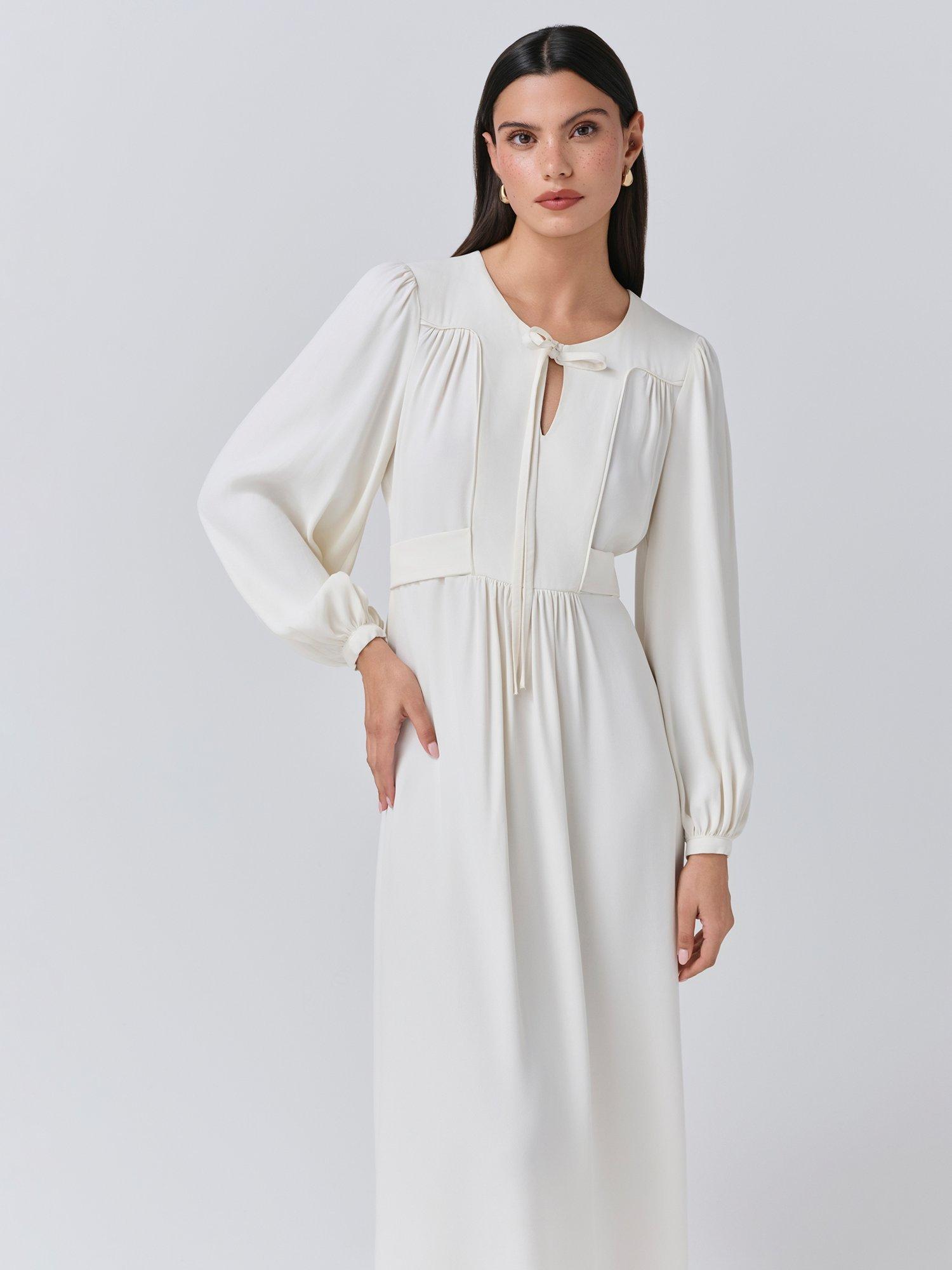 Product image 4 of 5, which shows Ghost Layla Crepe Satin Midi Dress, Ivory, XS