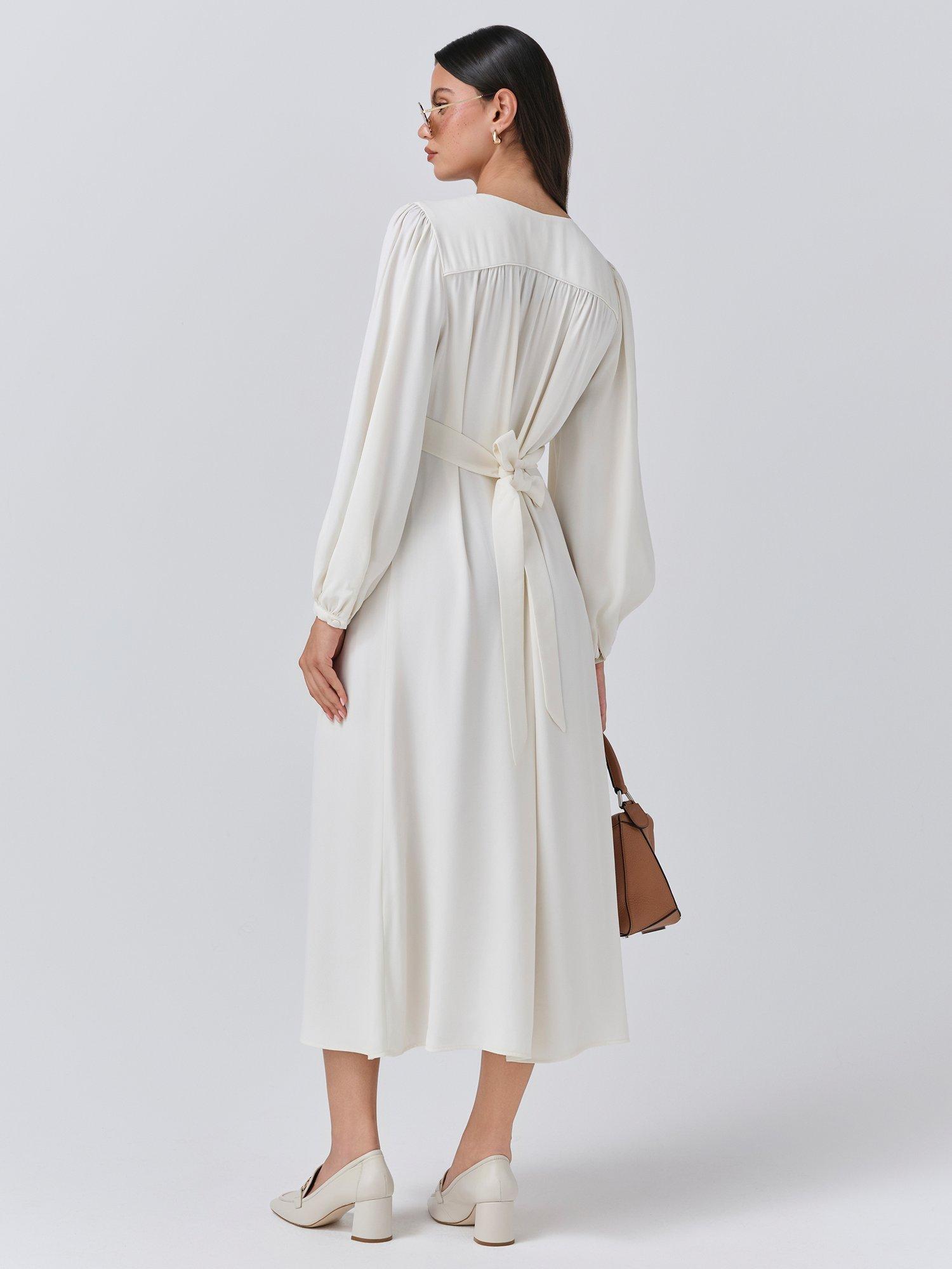 Product image 5 of 5, which shows Ghost Layla Crepe Satin Midi Dress, Ivory, XS