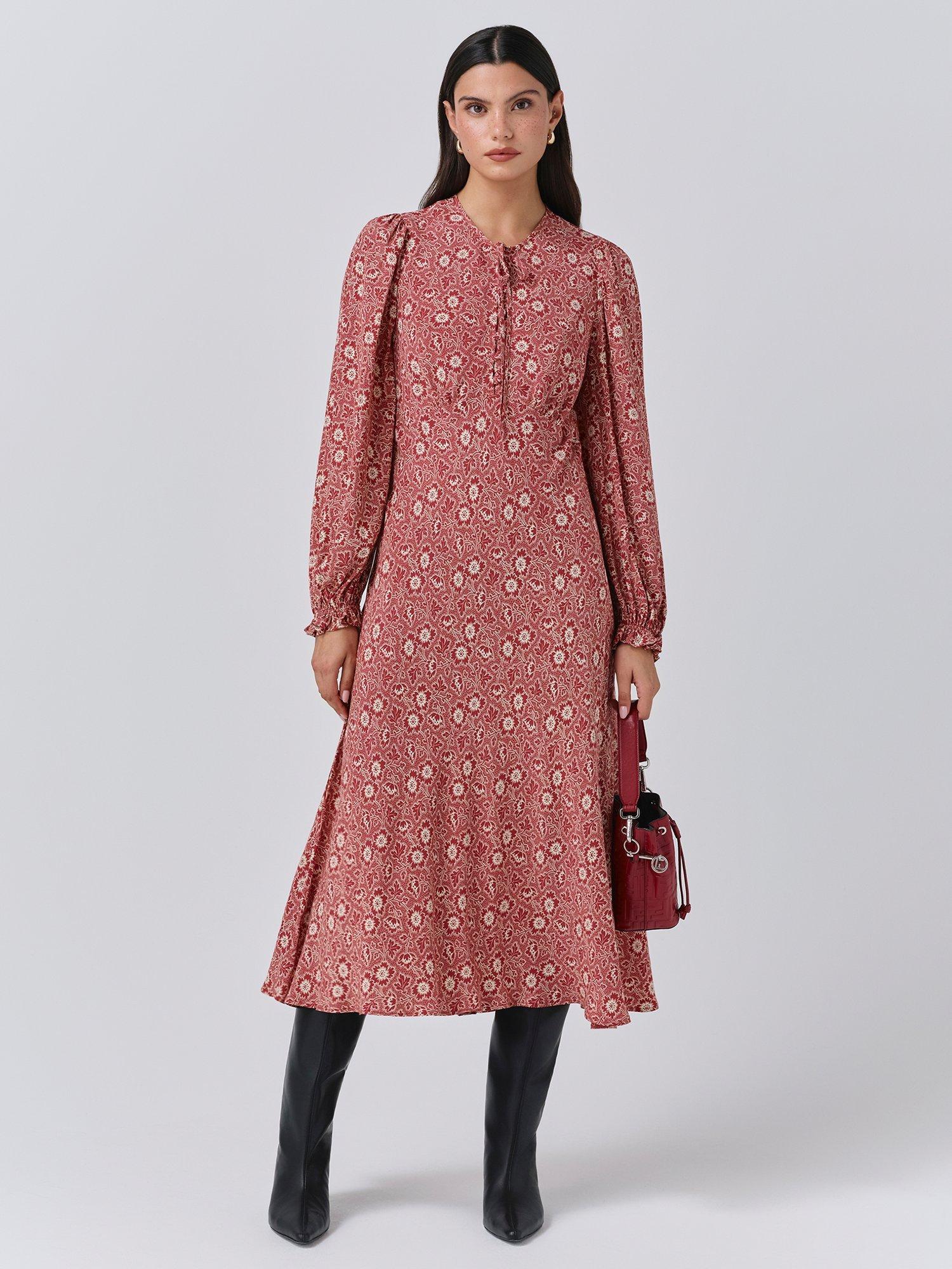 Product image 1 of 5, which shows Ghost Stella Boho Midi Dress, Red, XS