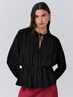 Ghost Amber Long Sleeve Tie Front Blouse, Black, Black