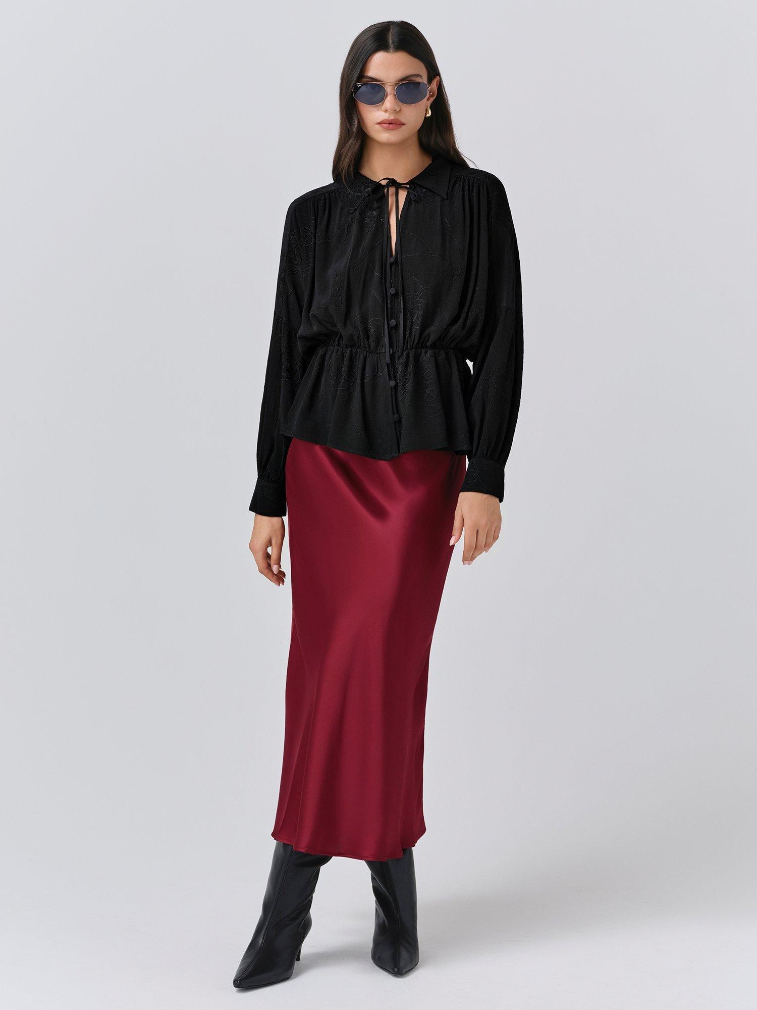 Product image 3 of 5, which shows Ghost Amber Long Sleeve Tie Front Blouse, Black, XS