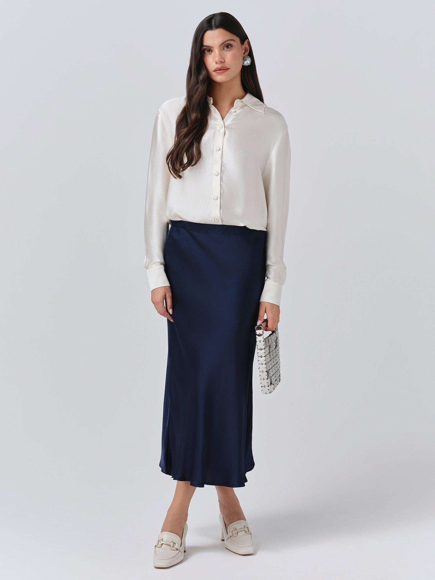 Product image 1 of 5, which shows Ghost Luna Bias Cut Satin Slip Skirt, Navy, XS