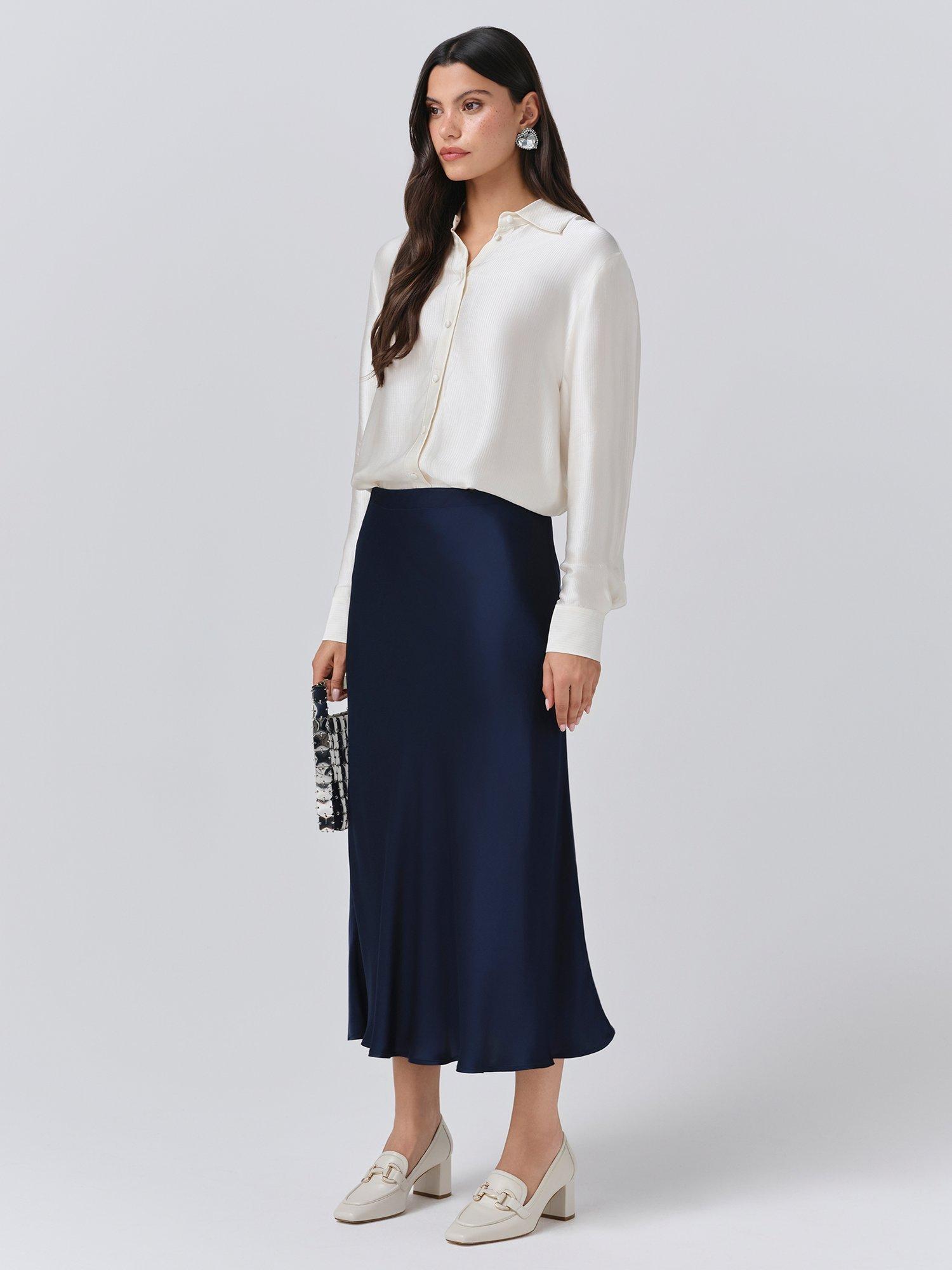 Product image 2 of 5, which shows Ghost Luna Bias Cut Satin Slip Skirt, Navy, XS