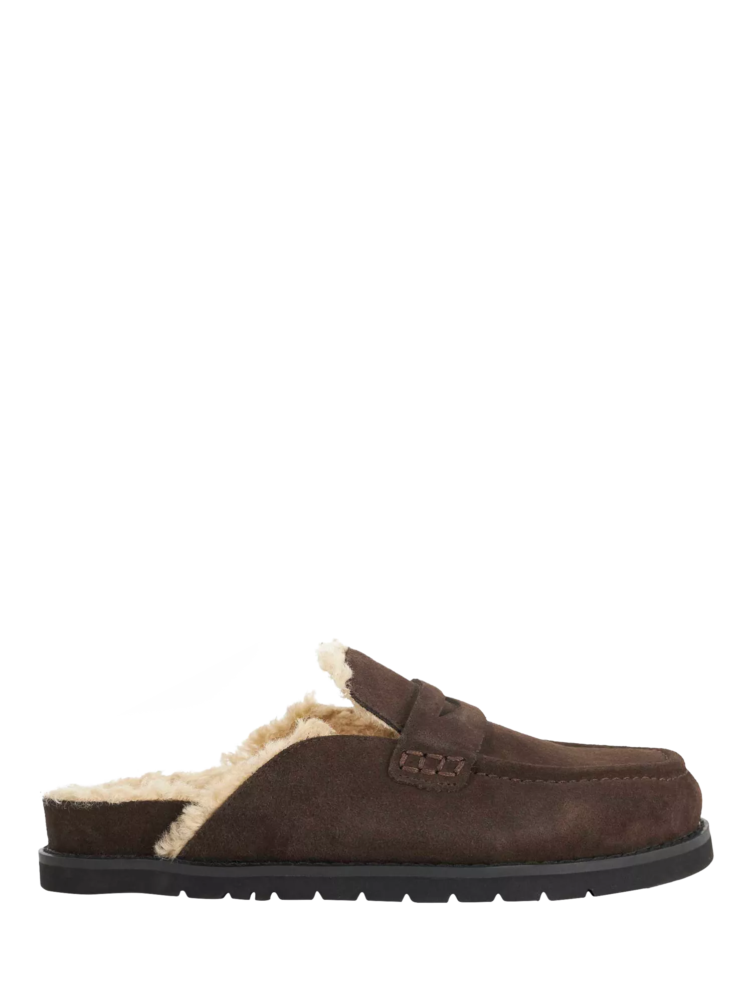 Dune London Goldy Suede Backless Faux Shearling Loafers, Brown