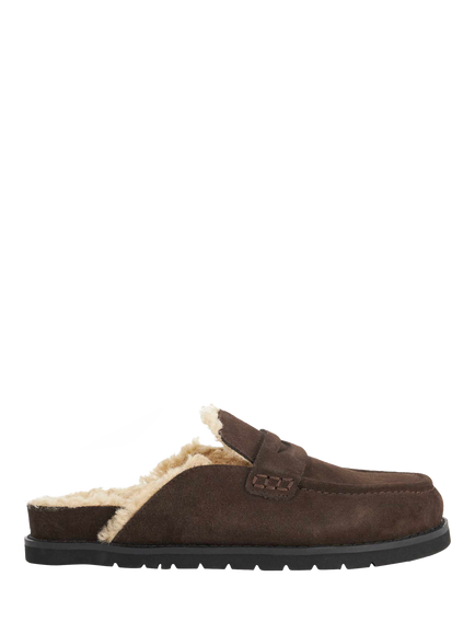 Dune London Goldy Suede Backless Faux Shearling Loafers, Brown - view 2, Brown