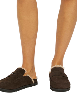 Dune London Goldy Suede Backless Faux Shearling Loafers, Brown - view 2, Brown