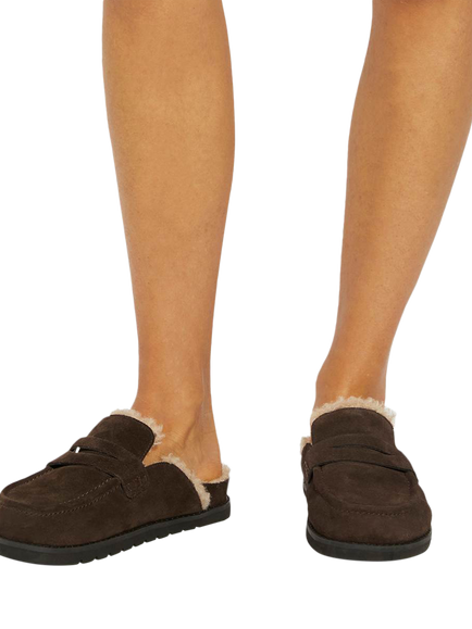 Dune London Goldy Suede Backless Faux Shearling Loafers, Brown - view 2, Brown