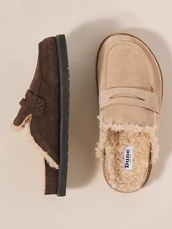 Dune London Goldy Suede Backless Faux Shearling Loafers, Brown, Brown