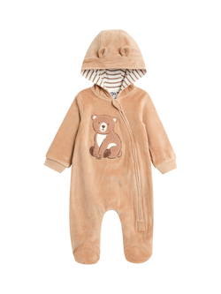 JoJo Maman Bébé Baby Velour All-In-One Bear Suit, Brown, Brown