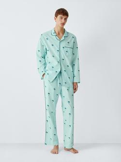 John Lewis Cotton Palm Print Pyjama Set, Green Teal, Green Teal