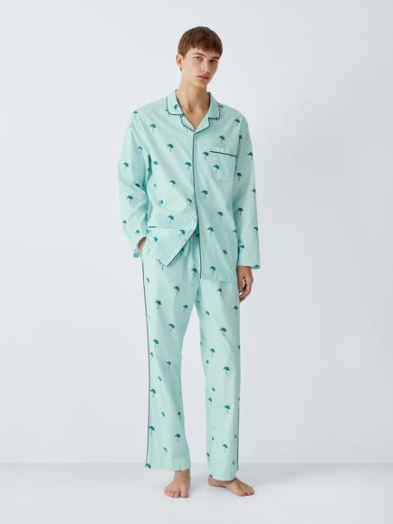 John Lewis Cotton Palm Print Pyjama Set, Green Teal, Green Teal