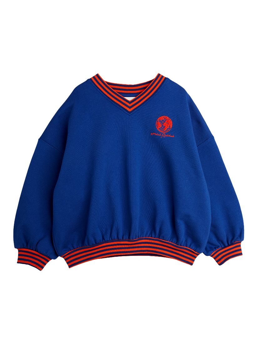 Product image 1 of 2, which shows Mini Rodini Kids' Cotton V-Neck Sweatshirt, Blue, 9-18 months