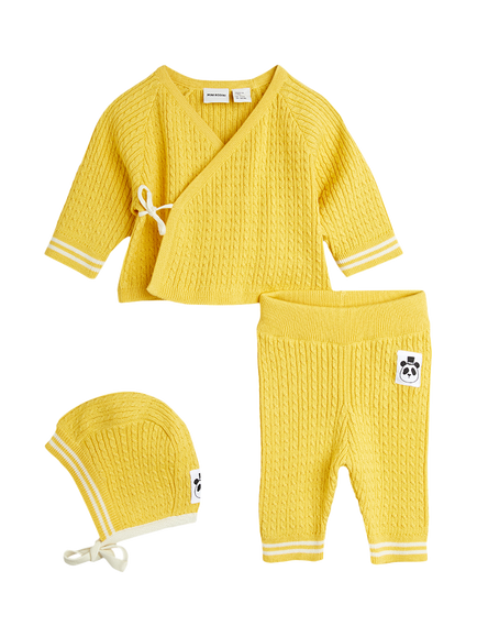 Mini Rodini Baby Cable Knit Wrap Top, Leggings & Hat, Yellow, Yellow