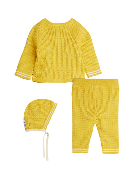 Mini Rodini Baby Cable Knit Wrap Top, Leggings & Hat, Yellow - view 2, Yellow