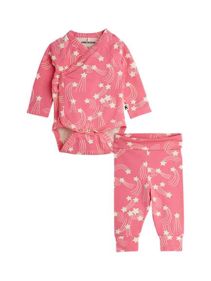 Mini Rodini Baby Starfall Wrap Long Sleeve Bodysuit & Trousers Set, Pink, Pink
