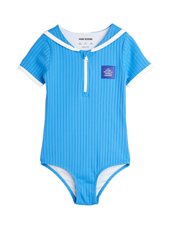 Mini Rodini Kids' Travel Agency Patch Zip Neck Swimsuit, Blue, Blue
