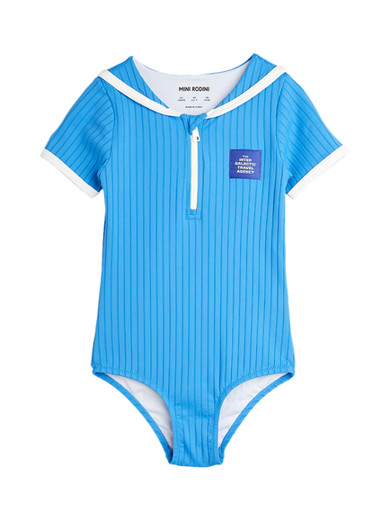 Mini Rodini Kids' Travel Agency Patch Zip Neck Swimsuit, Blue, Blue