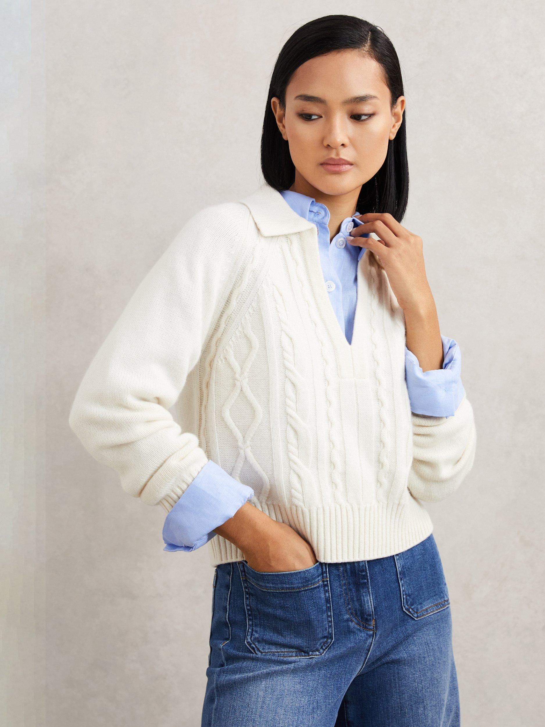 Product image 1 of 5, which shows Reiss Lissy Cable Knit Wool Rich Jumper, Ivory, S