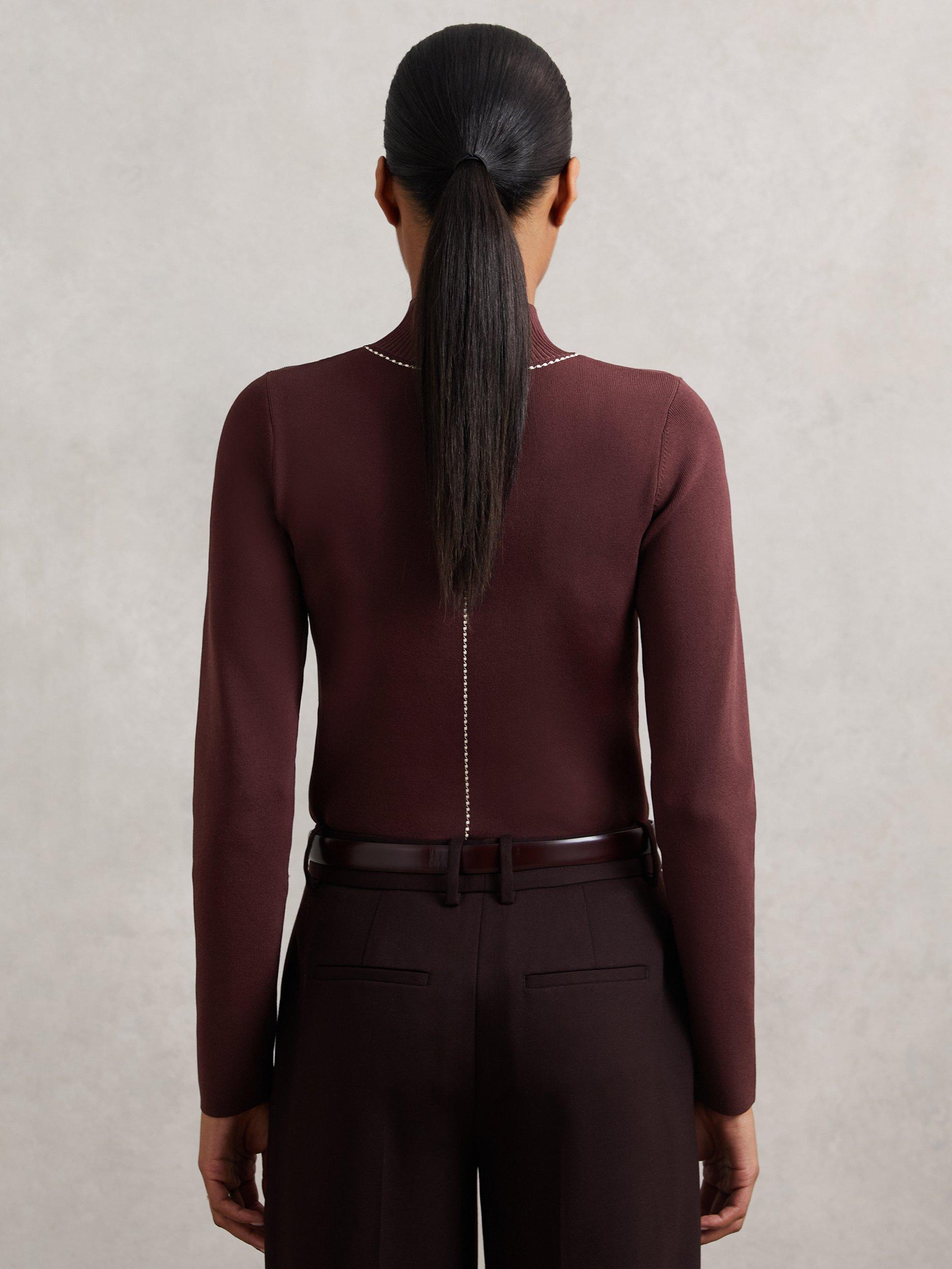 Product image 2 of 5, which shows Reiss Kya Contrast Stitch Jumper, Burgundy, XS