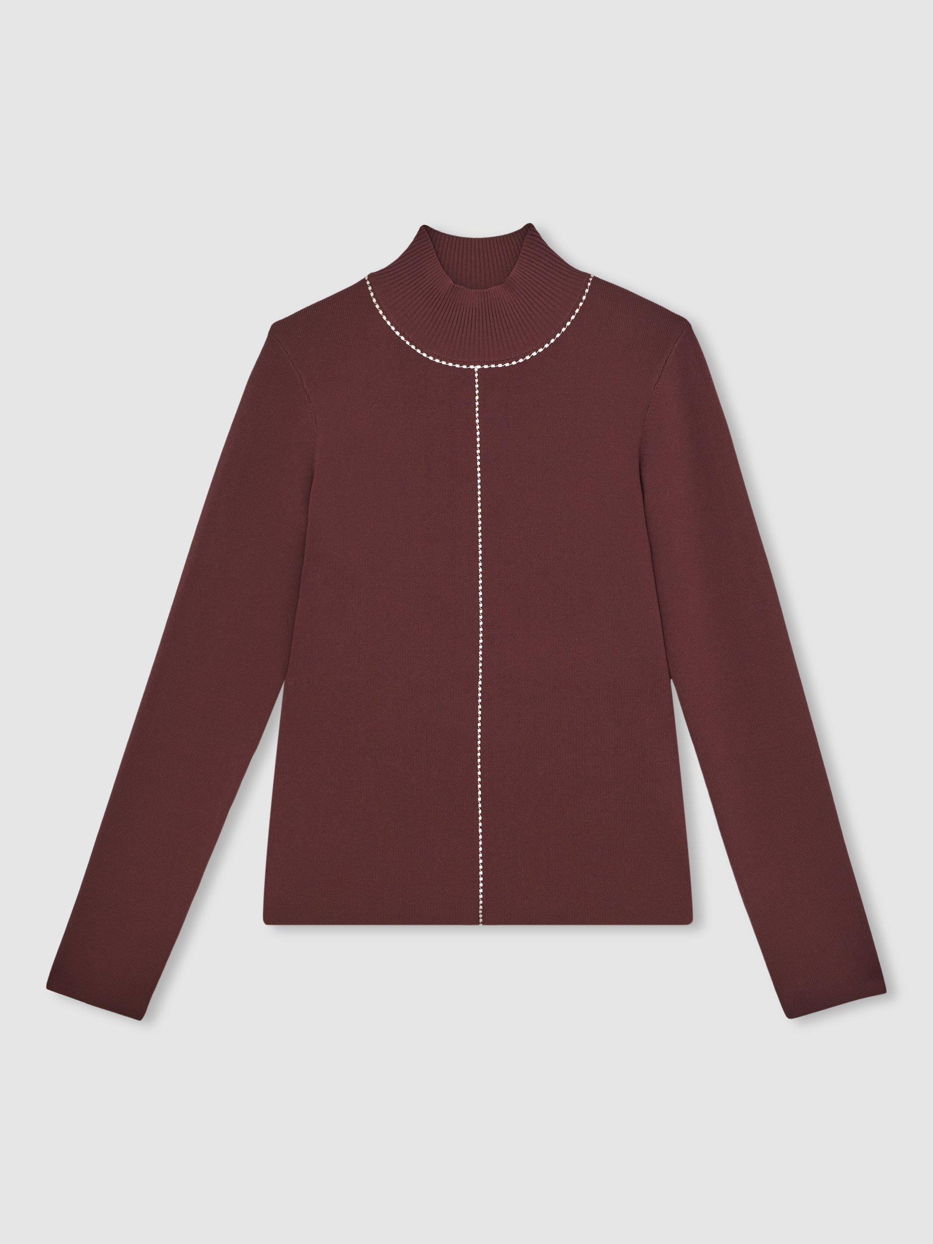 Product image 3 of 5, which shows Reiss Kya Contrast Stitch Jumper, Burgundy, XS