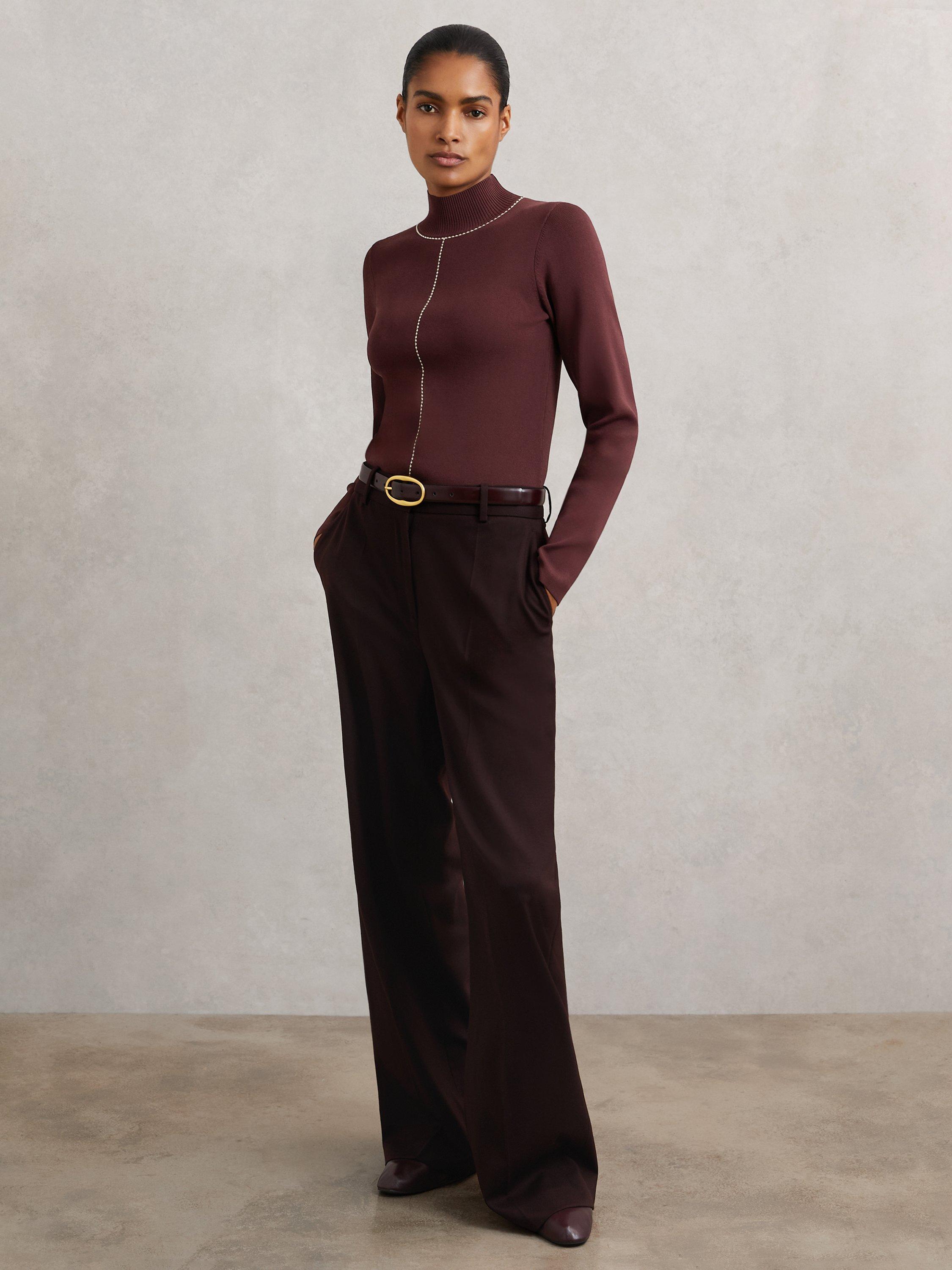 Product image 4 of 5, which shows Reiss Kya Contrast Stitch Jumper, Burgundy, XS