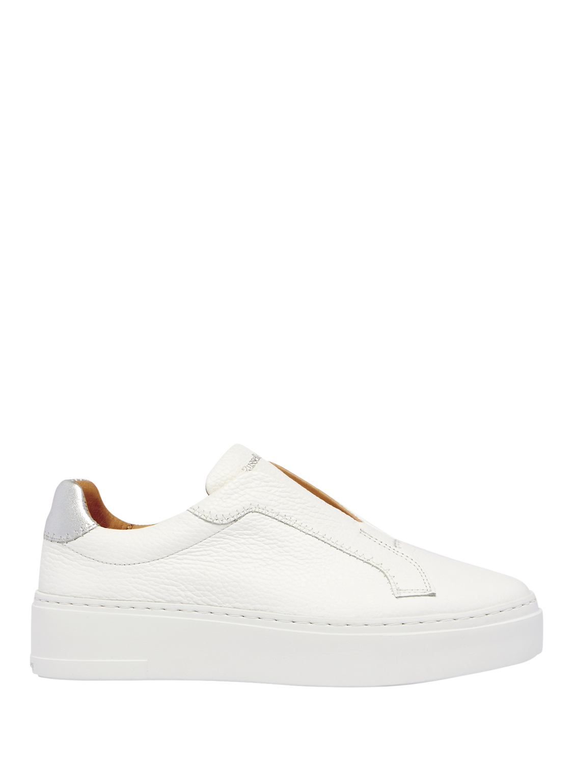 Product image 1 of 5, which shows Russell & Bromley Park Mid Grained Leather Flatform Mid Laceless Trainers, White, 7